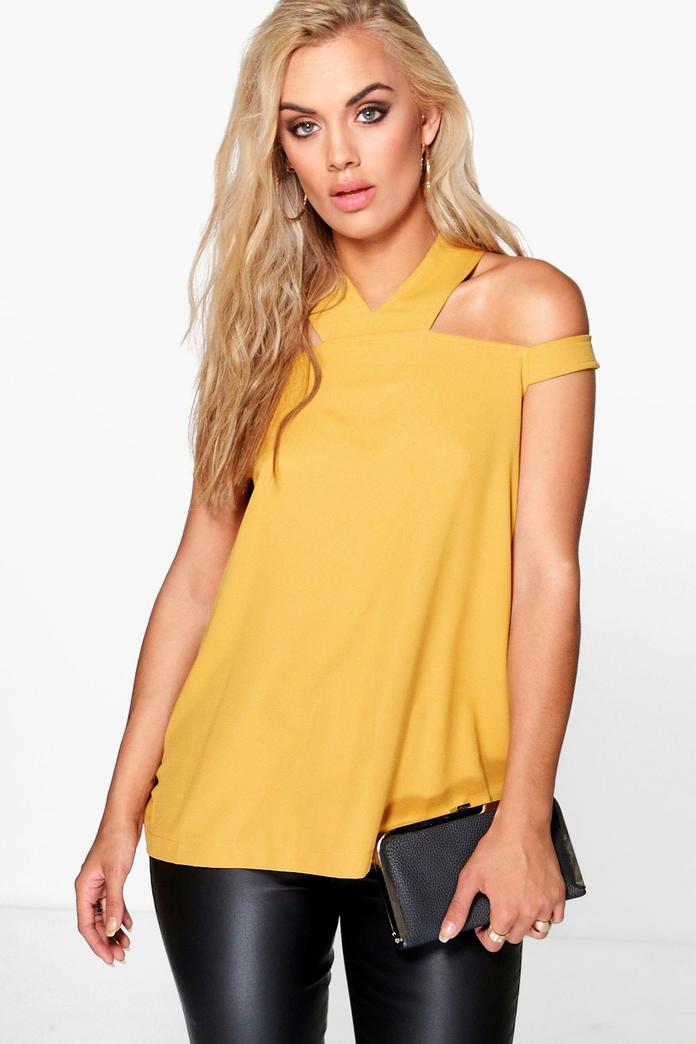 Plus Zoe Open Shoulder Halter Neck Woven Top