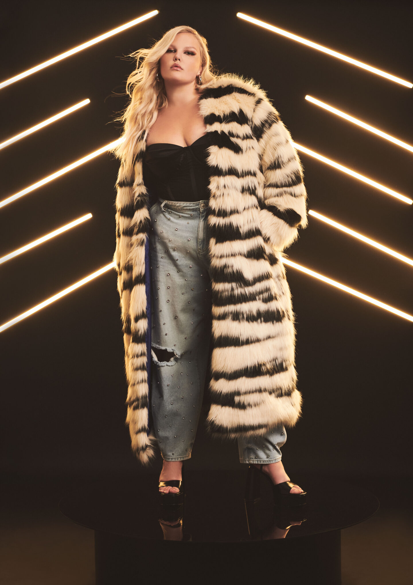 Eloquii plus size faux fur coat in zebra print.